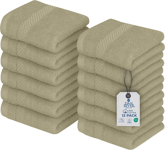 DAN RIVER 12-Pack Premium 100% Cotton Beige Face Towels – Reusable Face Towel Set, Soft & Absorbent Thin Wash Cloths for Bathroom & Body – Hand and Face Towels, 550 GSM (12x12 in)