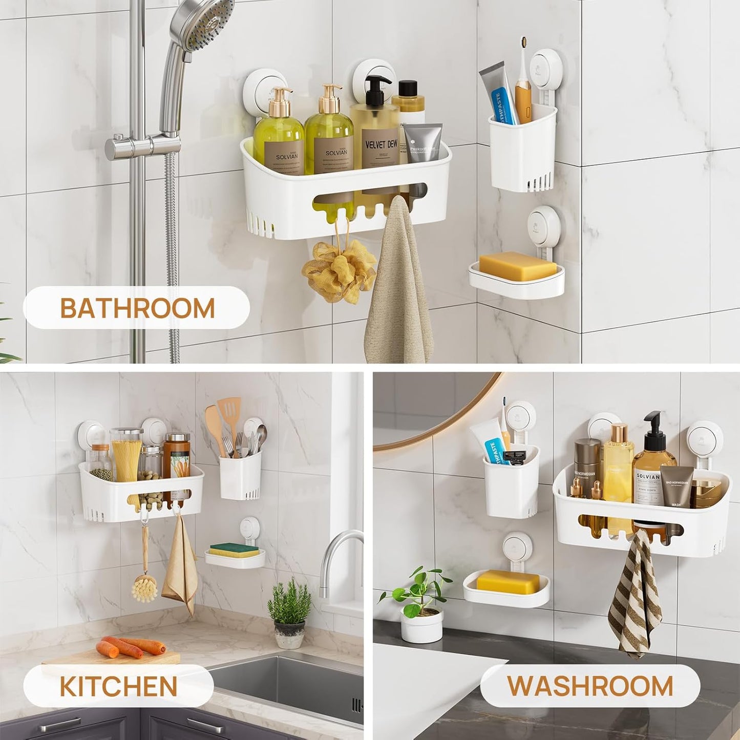 LEVERLOC Shower Caddy Suction Cup Set Shower Organizer & Soap Holder & Toothbrush Holder, Bathroom Shelf Basket NO-Drilling, Removable Suction Storage Waterproof Bathroom Caddy, White