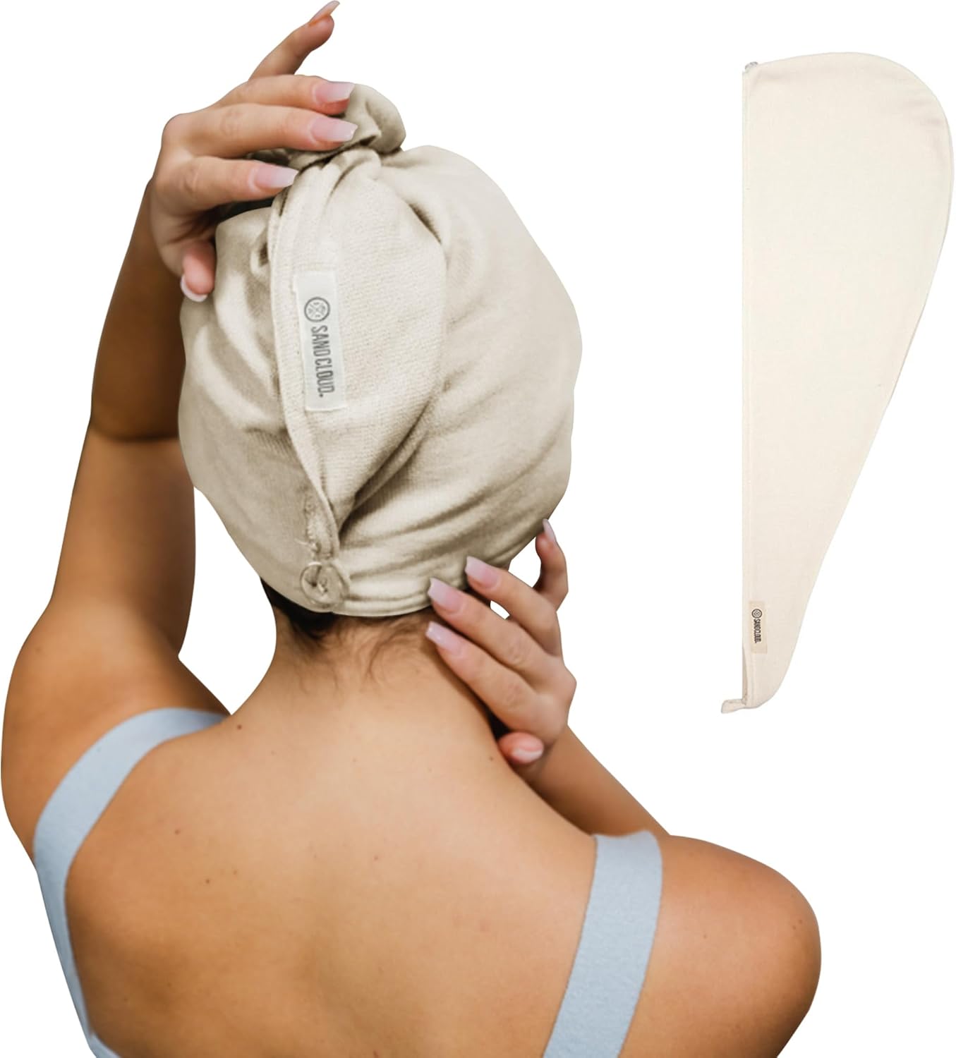 Sand Cloud Cotton Hair Towel Wrap, Ivory - Quick Dry Hair Towel for Wet Hair - 100% Turkish Organic Cotton, Half Terry Weave with Binding Edge - 10" x 15" Lightweight, Frizz-Free Hair Drying Towel