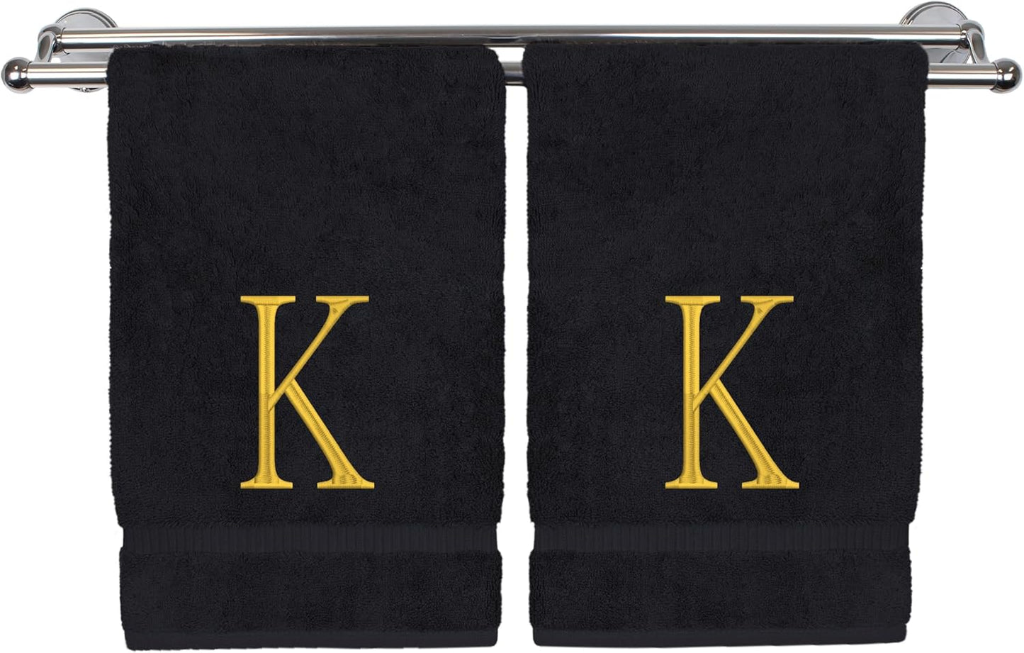 Monogrammed Hand Towel, Personalized Initial Gift, Extra Absorbent 100% Turkish Cotton - Soft Terry Finish - Set of 2 - Gold Block Initial K - Embroidered on Black Towels