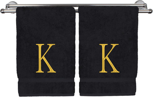 Monogrammed Hand Towel, Personalized Initial Gift, Extra Absorbent 100% Turkish Cotton - Soft Terry Finish - Set of 2 - Gold Block Initial K - Embroidered on Black Towels