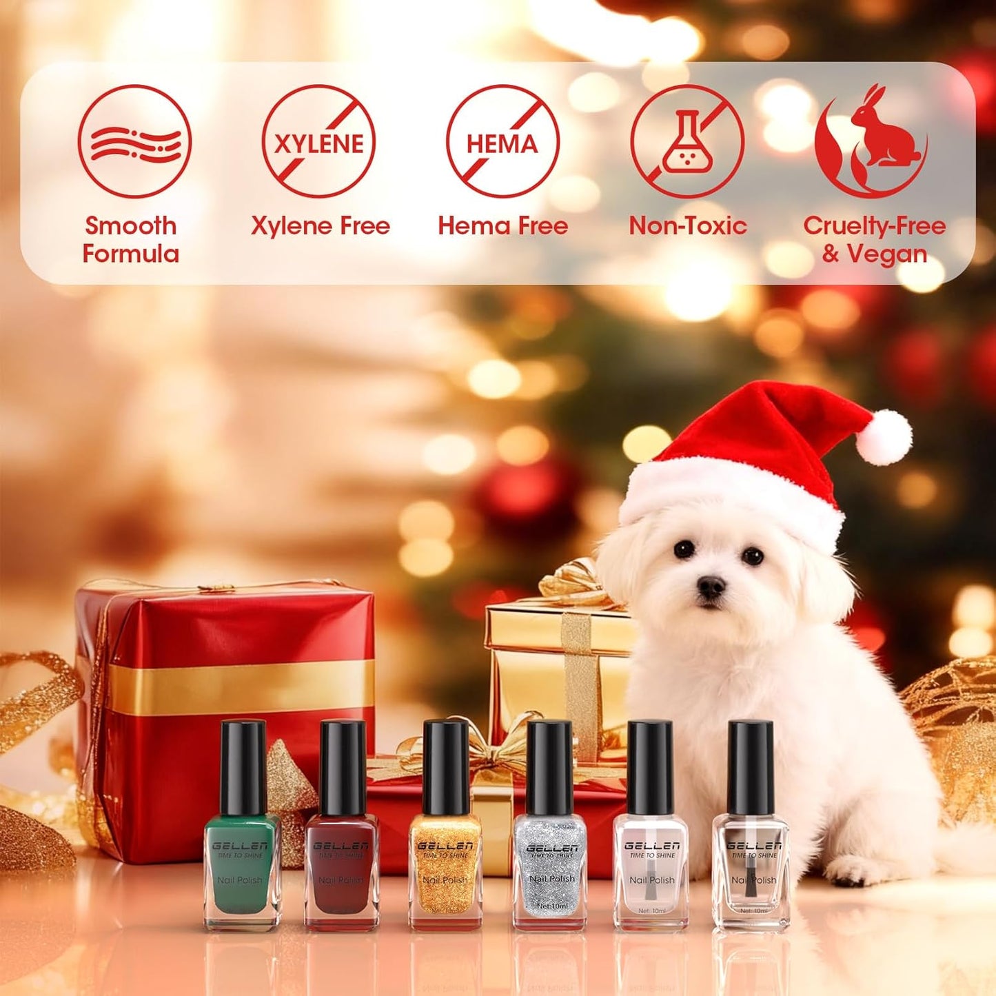 Gellen Christmas Nail Polish With Base Top Coat, Winter Air Dry Regular Nail Lacquer Polish Red Green Gold Silver Glitter 4-Color Set, For Finger Toe Nails Home Salon, Not UV Gel, Hema Free, Non-toxic