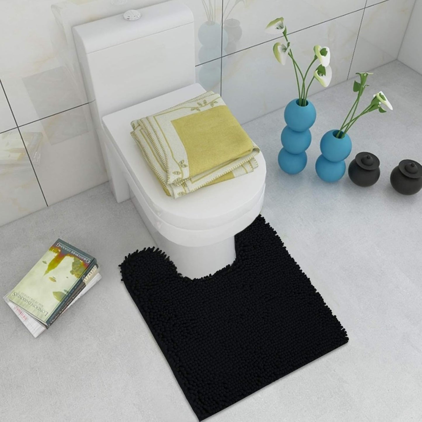 ITSOFT Non-Slip Shaggy Chenille Toilet Contour Bathroom Rug with Water Absorbent, 24 x 21 Inches U-Shaped Black