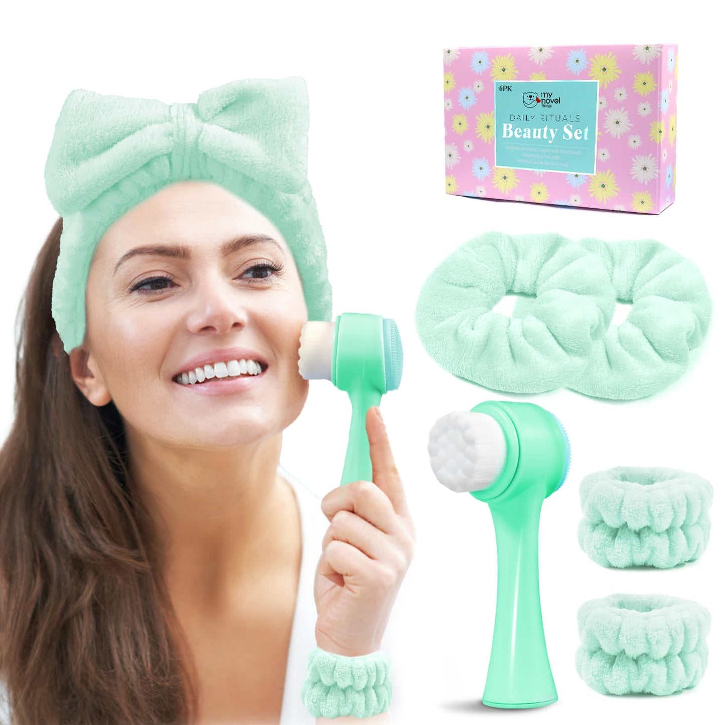 Facial Cleansing Brush, Spa Headband for Washing Face, Skincare Headband and Wristband Set, 2-in-1 Skin Care face Brush, Come with a Hair Scrunchie, for Massaging Makeup Skincare-Blue