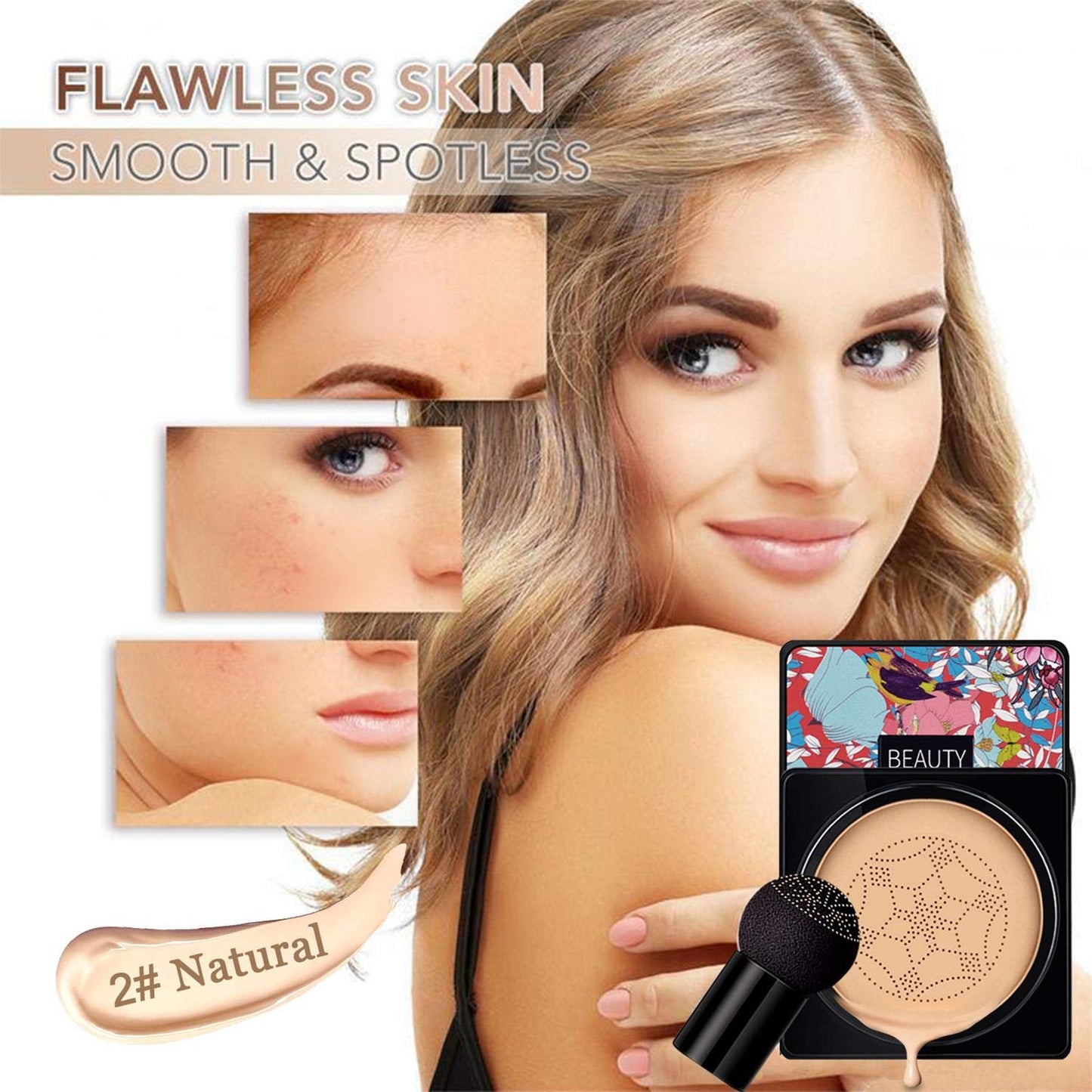 NUIBO Air Cushion CC Cream Mushroom Head, Moisturizing Concealer Makeup Base, Primer Liquid Foundation Long Lasting with Two Mushroom Makeup Sponges 【Natural】