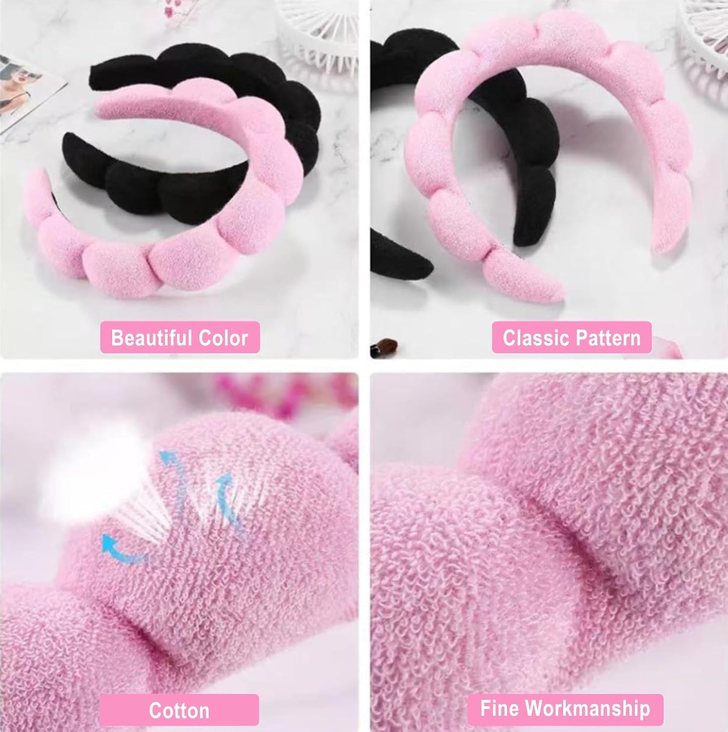 Spa Headband and Wristband Set for Women,Terry Cloth Sponge Headband for Washing Face,Makeup,Facial Mask and Skincare (Black,Pink, One Size)