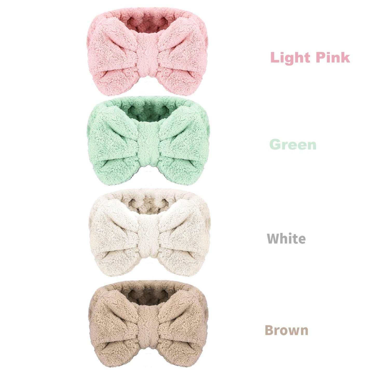 4 Pack Makeup Spa Headband Microfiber Bow Towel Soft Fluffy Washing Face Headband for Women Girls Shower Bath Skincare (Light Pink, White, Green, Brown)