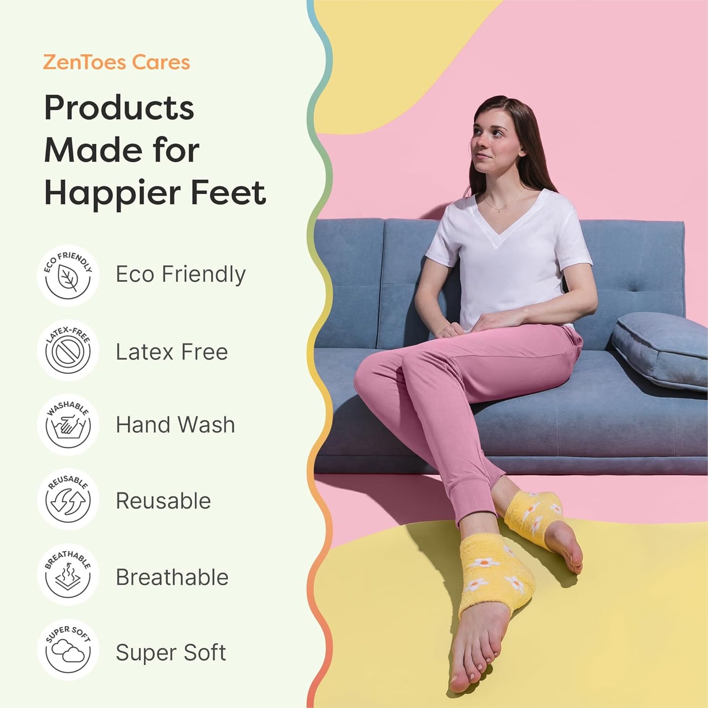 ZenToes Moisturizing Socks for Cracked Heel Treatment - Vitamin E, Olive Oil and Jojoba Oil Infused Heel Socks to Soften and Hydrate (Yellow & White Daisies, Regular)