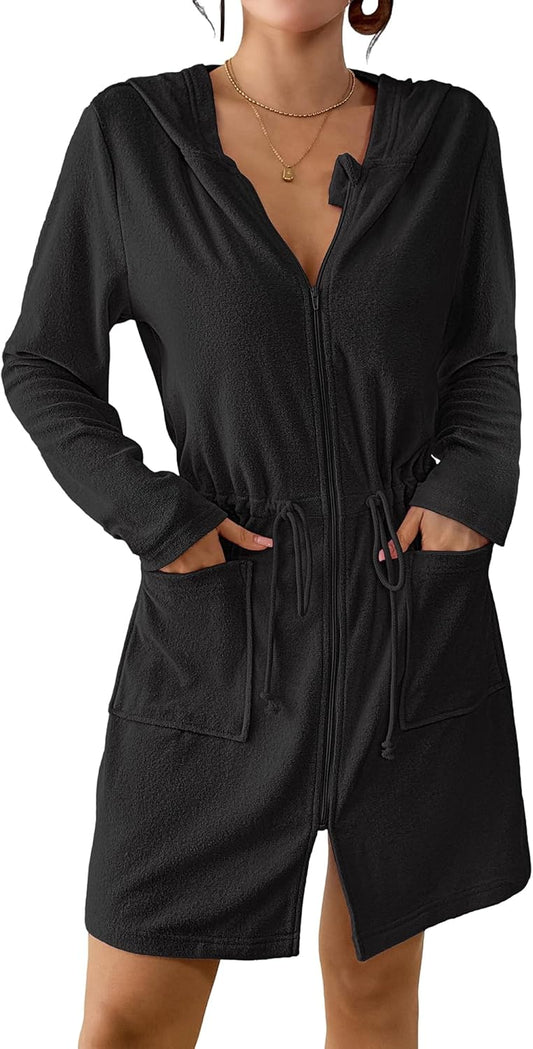 Bsubseach Terry Cloth Cover Up - Women Zip Up Long Sleeve Swimsuit Coverup Hooded Bath Robes with Pockets