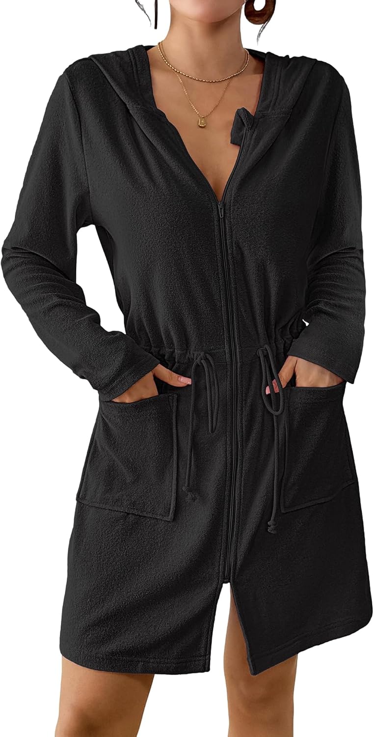 Bsubseach Terry Cloth Cover Up - Women Zip Up Long Sleeve Swimsuit Coverup Hooded Bath Robes with Pockets