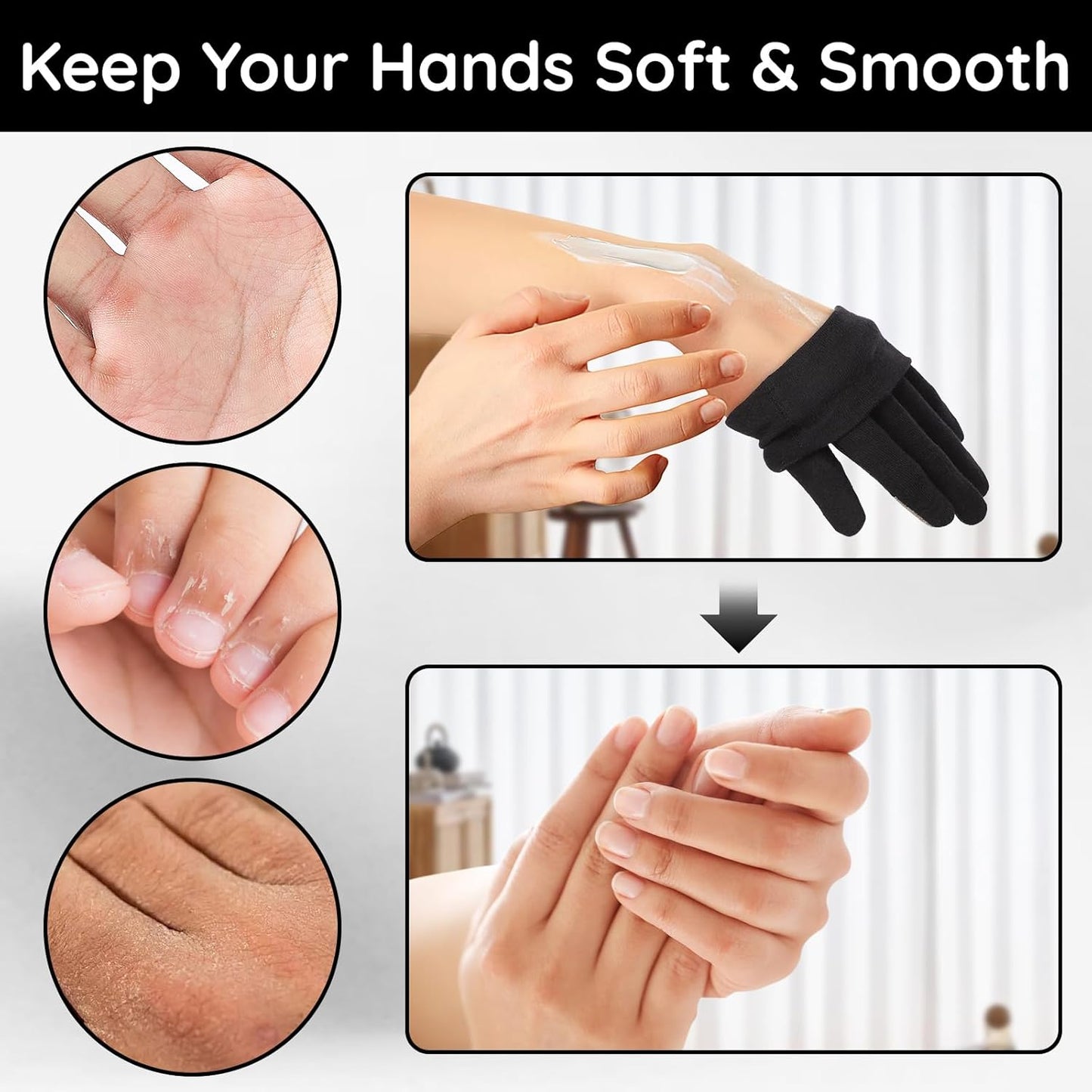 Segbeauty 12 Counts Elastic Touch Screen Hand Moisturizing Cotton Gloves for Dry Hands Sleeping Overnignt, 6 Pairs Black Cotton Gloves with Elastic Band, Reusable Lotion Gel Spa Moisture Sleep Glove