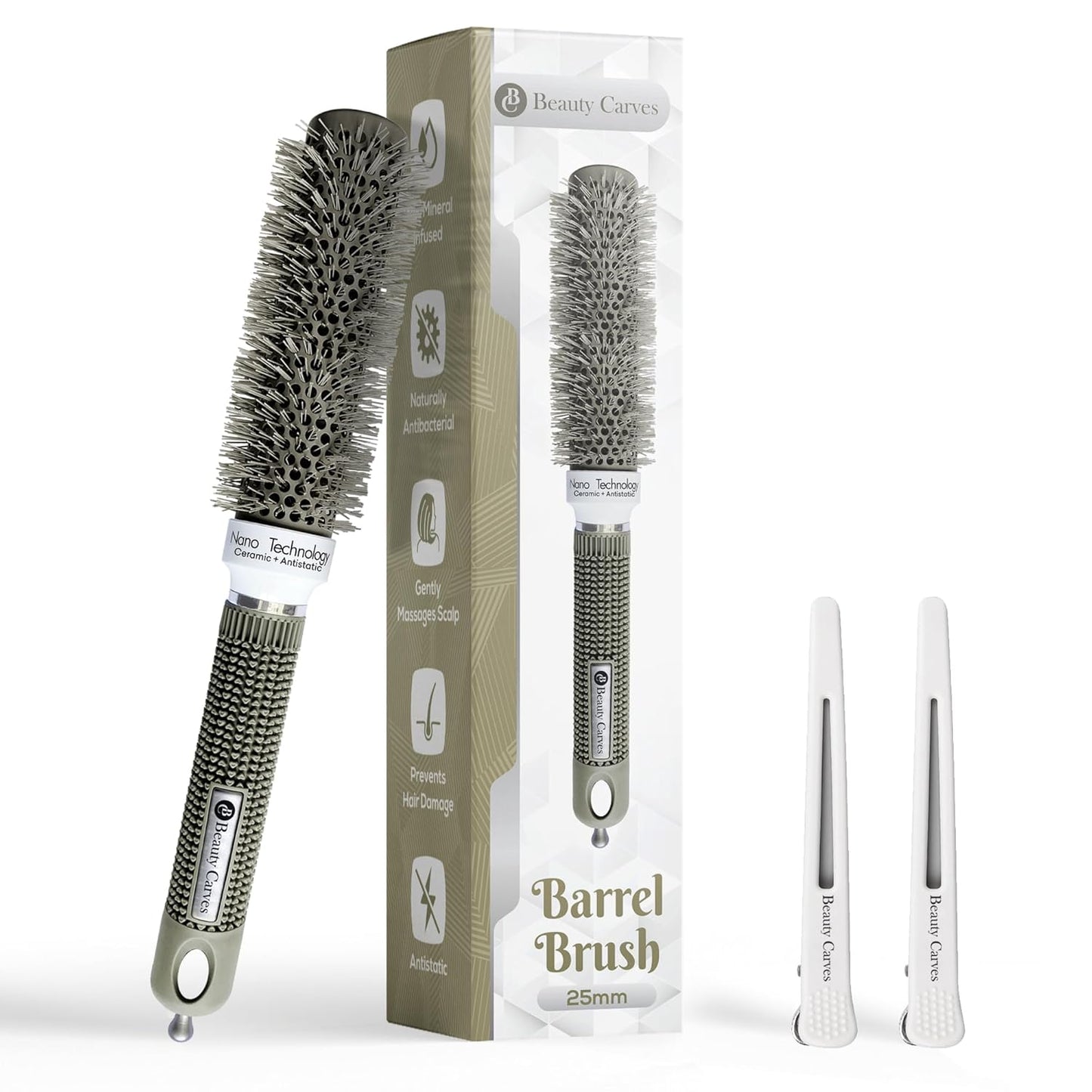 Round 25(mm) Barrel with 2 Clips – Round Hair Brush with Flexible Nylon 66 Bristles Nano Ionic Heat Resistant Tech for Professional Curling, Styling & Shining Texture