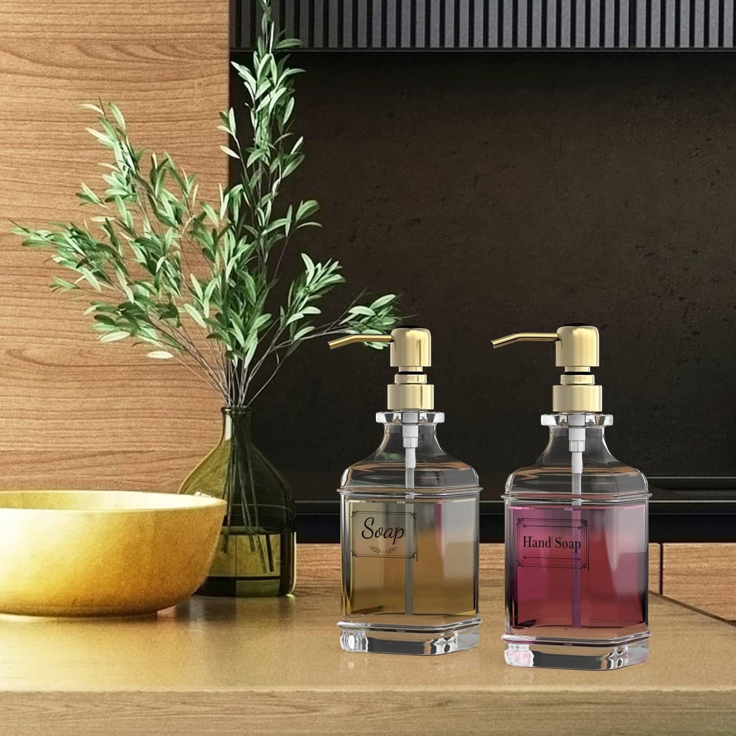 GLADPURE Soap Dispenser - 2 Pack, 18 Oz Antique Design Thick Glass Hand Soap Dispensers; with 304 Rust Proof Stainless Steel Pump, 6Pcs Clear Stickers, for Kitchen, Bathroom - Gold