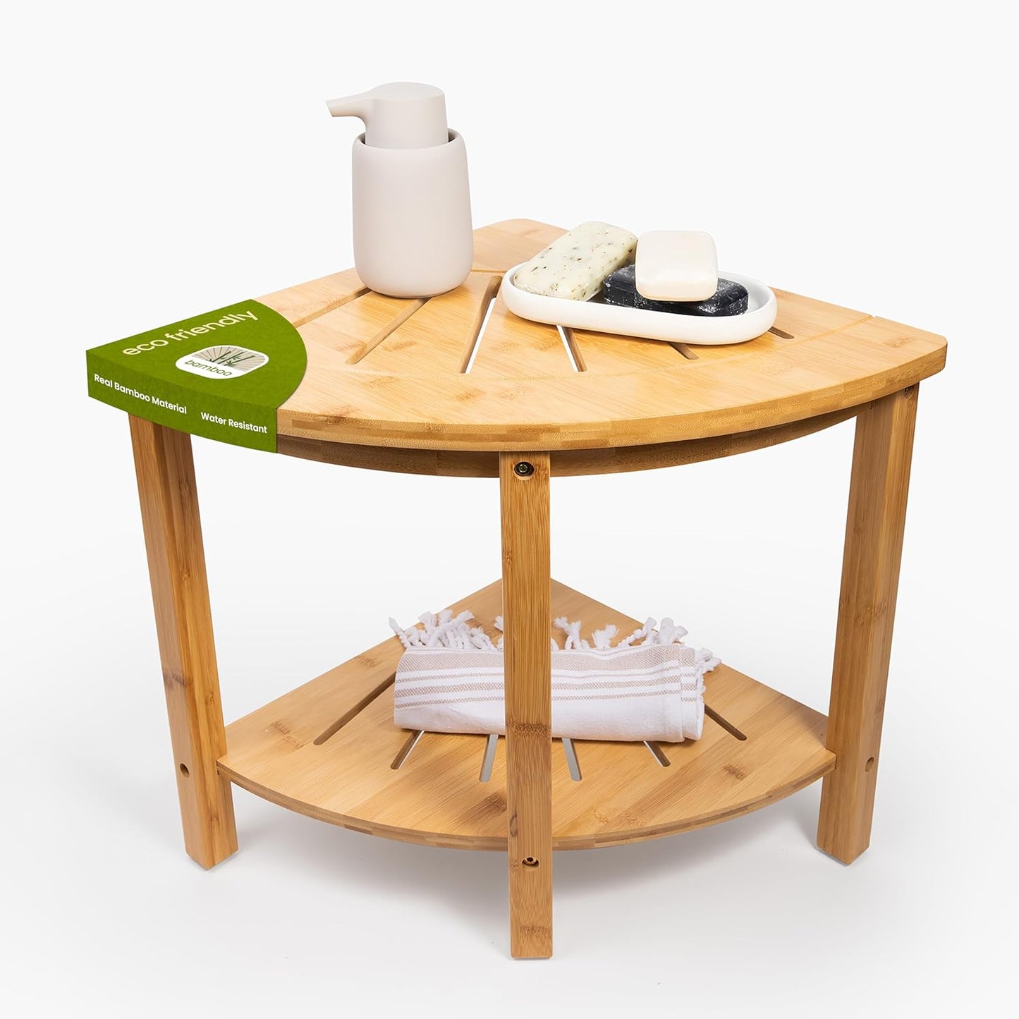 DECOMIL - Bamboo Corner Shower Bench, Bathroom Shower Stool with Storage, Nonslip Feet & Waterproof Bench, Perfect for Bath, Spa and Home Décor