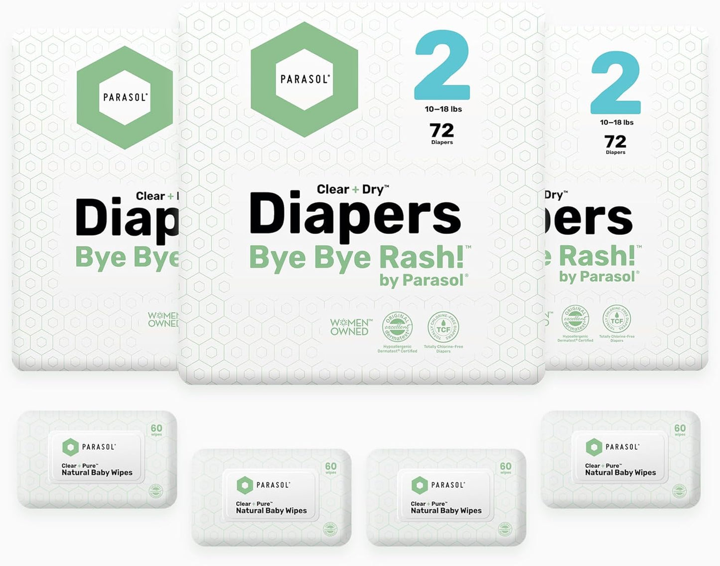 Parasol Clear+Dry Disposable Diapers and Clear+Pure Wipes Kit, RashShield Protection, Size 2 (10-18 lbs), Diaper Bundle of 216 Diapers & 240 Wipes
