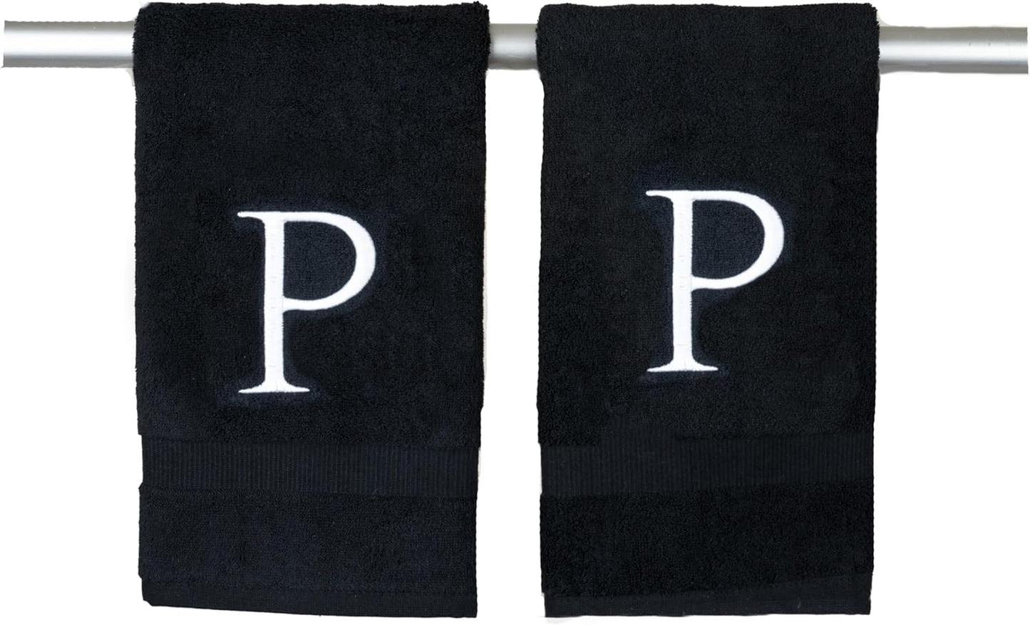 Black Monogrammed Hand Towel for Bathroom - Initial Hotel Quality Decorative Embroidered Luxury Towel for Powder Room, Spa - GOTS Organic Certified - Set of 2 White Letter P
