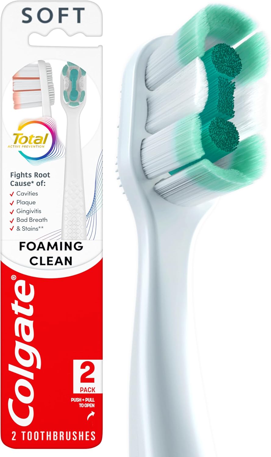 Colgate Total Active Prevention Foaming Clean Soft Toothbrushes, Soft Bristle Toothbrush Pack for Plaque Removal, Helps Reach Deeper Along The Gumline and Between Teeth, White, 2 Pack