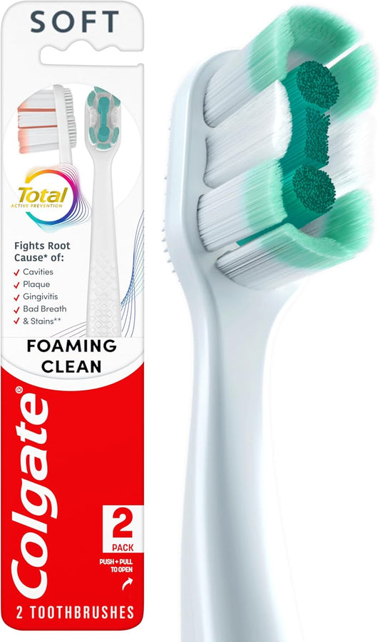 Colgate Total Active Prevention Foaming Clean Soft Toothbrushes, Soft Bristle Toothbrush Pack for Plaque Removal, Helps Reach Deeper Along The Gumline and Between Teeth, White, 2 Pack