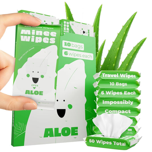Impossibly Compact Travel Wipes - 99.5% Water - Safe for Sensitive Skin & Hypoallergenic, Resealable, Thick & Durable - For Adults, Kids & Baby Care - Aloe, 10 Pack Total 60 Wipes
