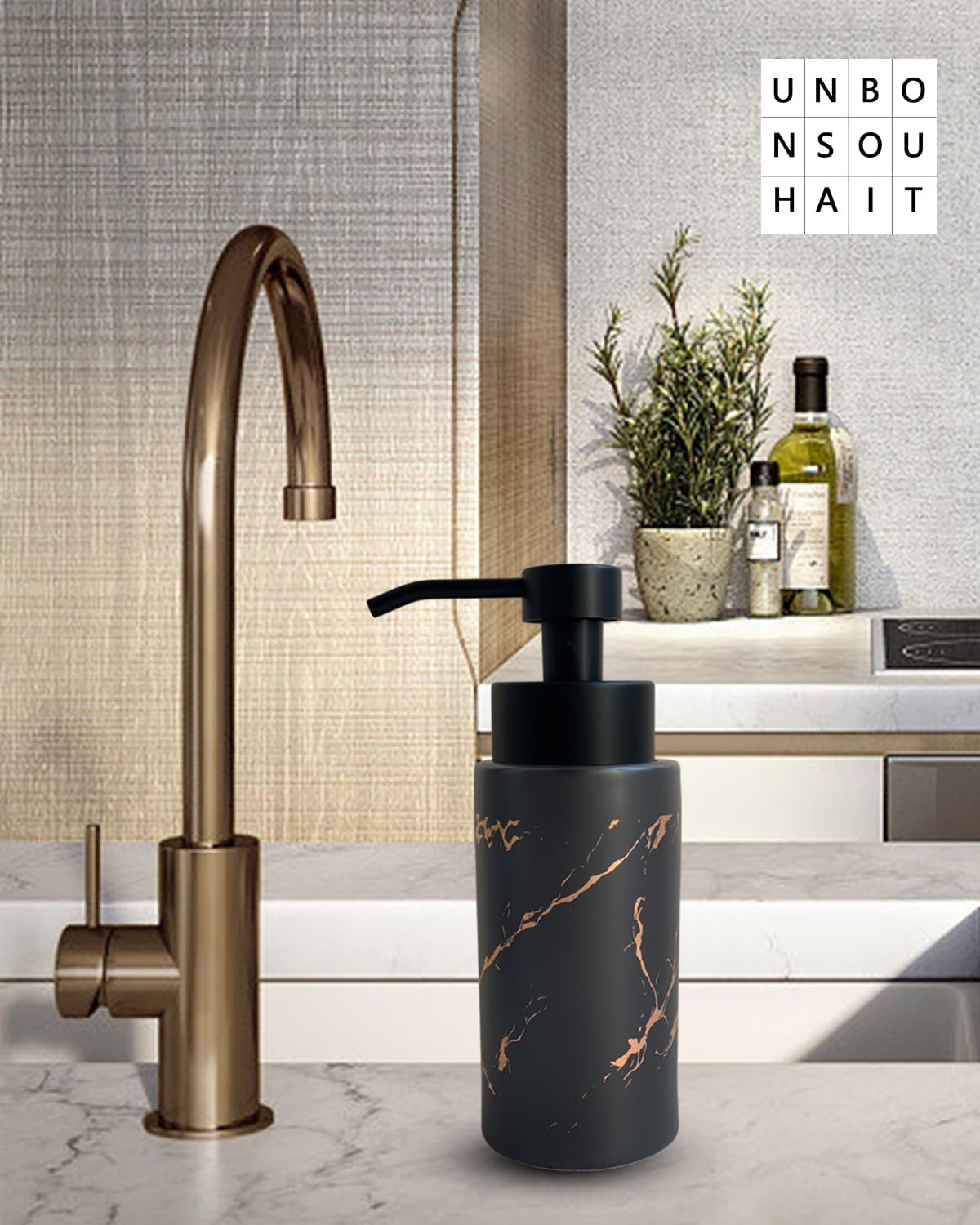 9.5 Oz Foaming Soap Dispenser for Bathroom,Kitchen Foam Soap Dispenser,Refillable Modern Foam Pump Bottle,Black Ceramic Foaming Hand Pump Dispenser (Black Marble)