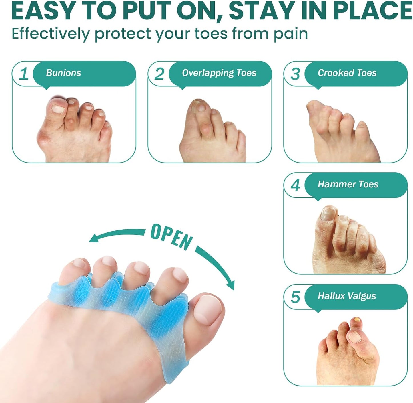 Welnove Toe Separators Spacers for Women - 4 Pack Gel Toe Straightener to Correct Bunions and Relieve Foot Pain - Silicone Toe Spacers for Toe Overlapping Yoga Practice, Non-Slip Design, Blue