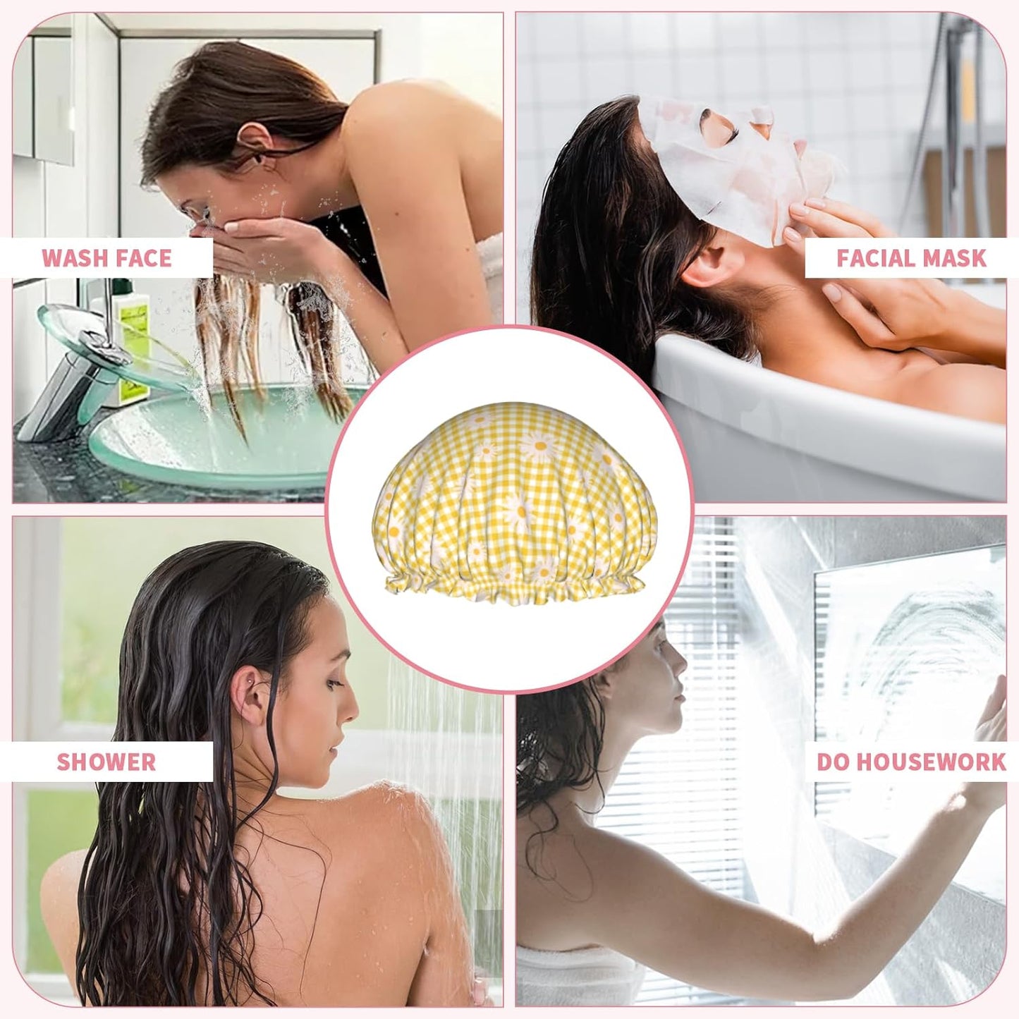 Daisy Shower Caps Yellow Checkered Dual-Layer Waterproof Bath Hat Flower Reusable Hair Caps Elastic Hair Hat for Shower Cooking Clean Makeup Travel