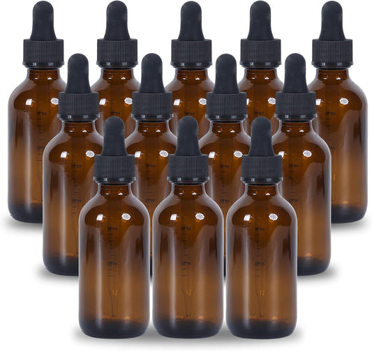 2 oz Dropper Bottle 12 Pack Amber Glass Boston Bottles 30ml with Eye Droppers Black Caps for Essential Oils, Perfume, Leak Proof Travel Bottles for Liquids