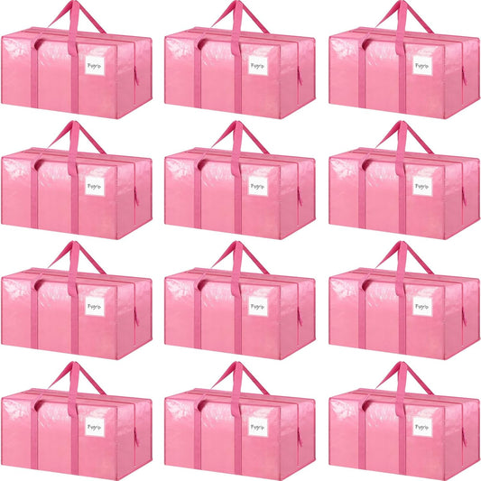 12 Pack Extra Heavy Duty Large Moving Bags with Strong Zipper & Comfortable Handles, Sturdy & Durable Clothes Storage Bags Totes Bins, Packing Moving Boxes for College Supplies, Pink