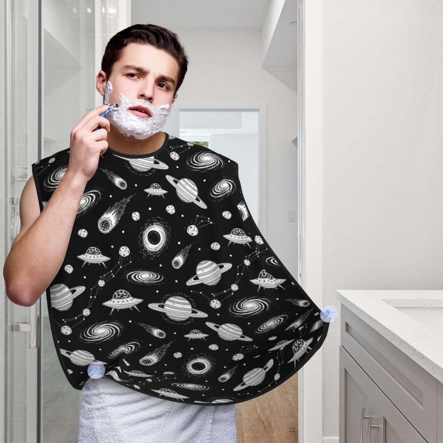 Men's Beard Maintenance Apron, Waterproof & Easy Clean, Universe Cartoon Galaxy Stars Planets UFO Black and White