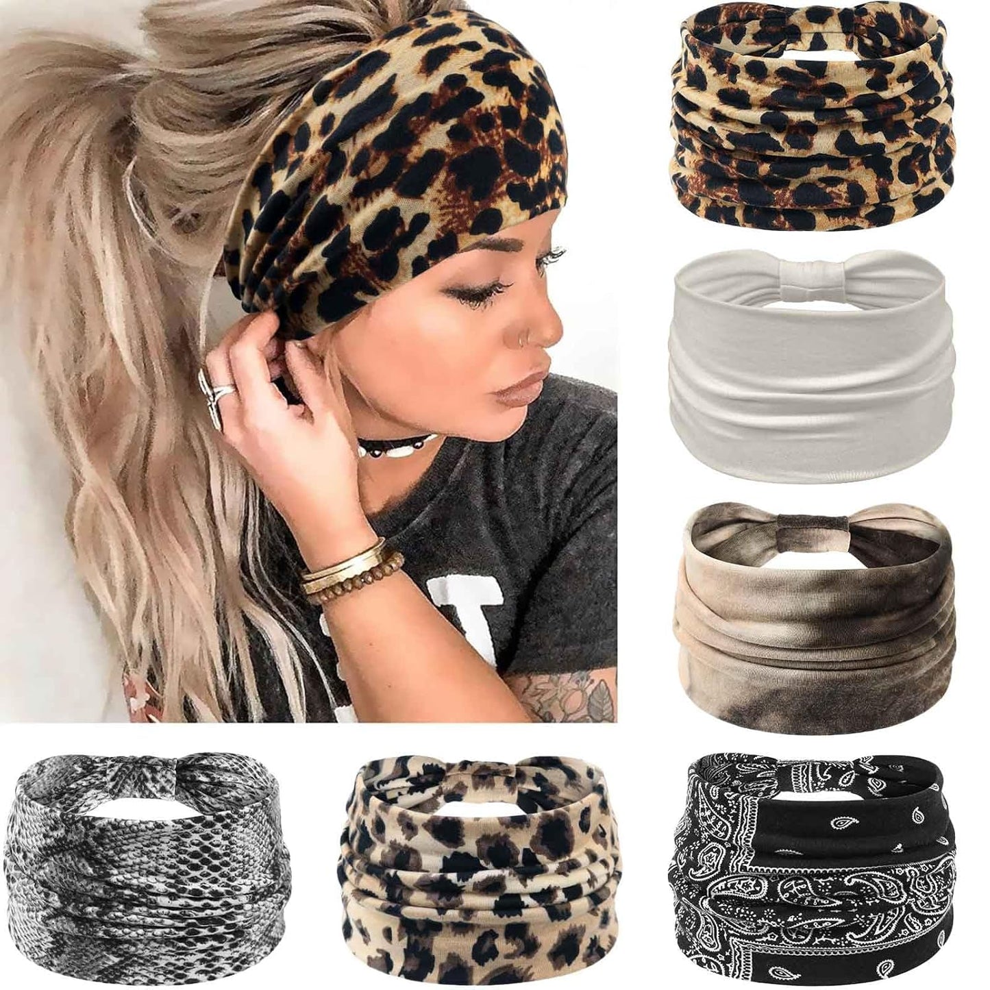 Wide Headbands for Women Knotted No Slip Head Bands Soft Turban Headband Hair Accessories Boho African Solid Color Head Wraps for Women Yoga Workout Pack of 6