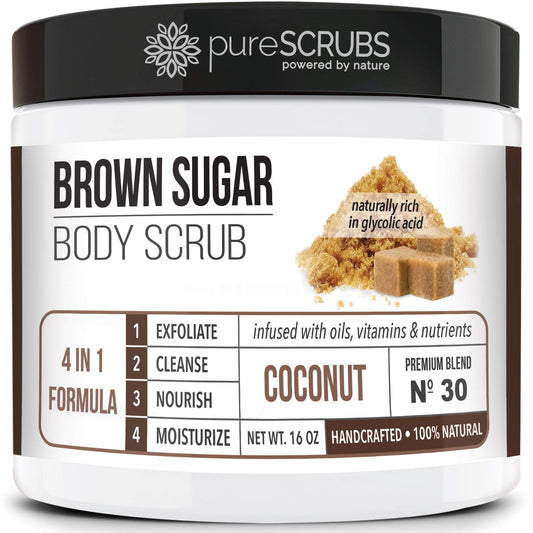 pureSCRUBS Premium Coconut Brown Sugar Scrub | Face, Feet & Full Body Scrub | Large 16oz Jar Includes Wooden Spoon, Loofah & Mini Exfoliating Bar Soap