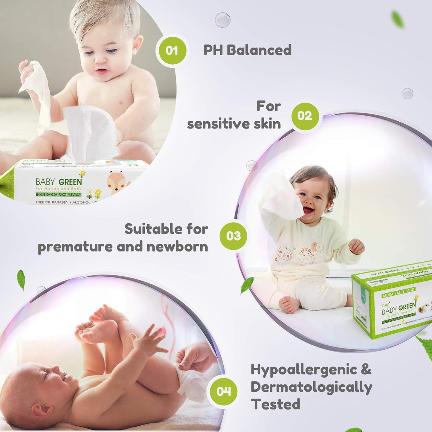 Yugi Green Baby Wipes – Unscented, Compostable, Biodegradable, Plant-Based, Fragrance-Free, for Sensitive Skin & Babies – 6 Packs of 72 (432 Count)