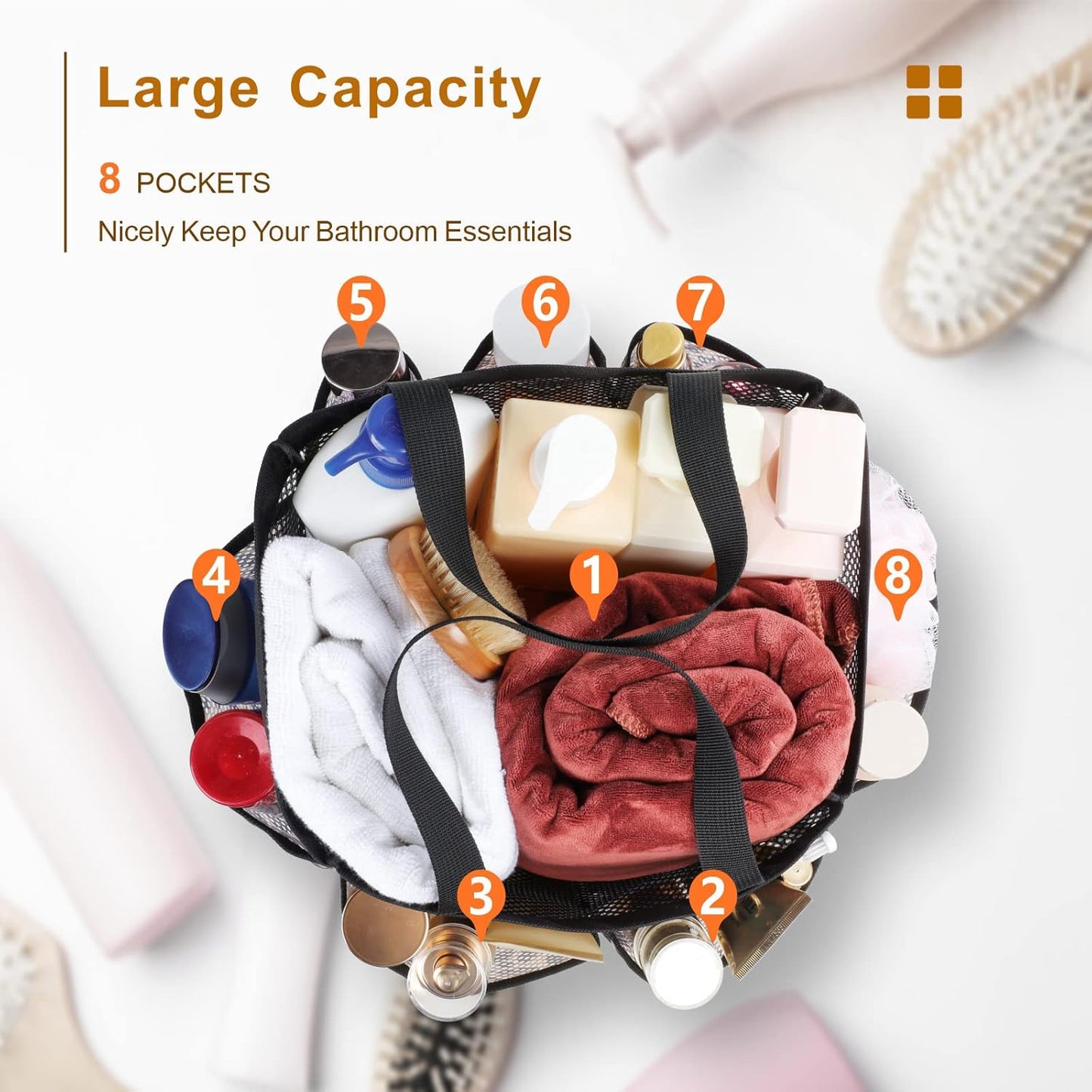 F-color Shower Caddy Portable - Mesh Shower Bag Basket Tote for College Dorm Room Essentials Bathroom Gym Camp Quick Dry for Women Men with S Hook, Leopard