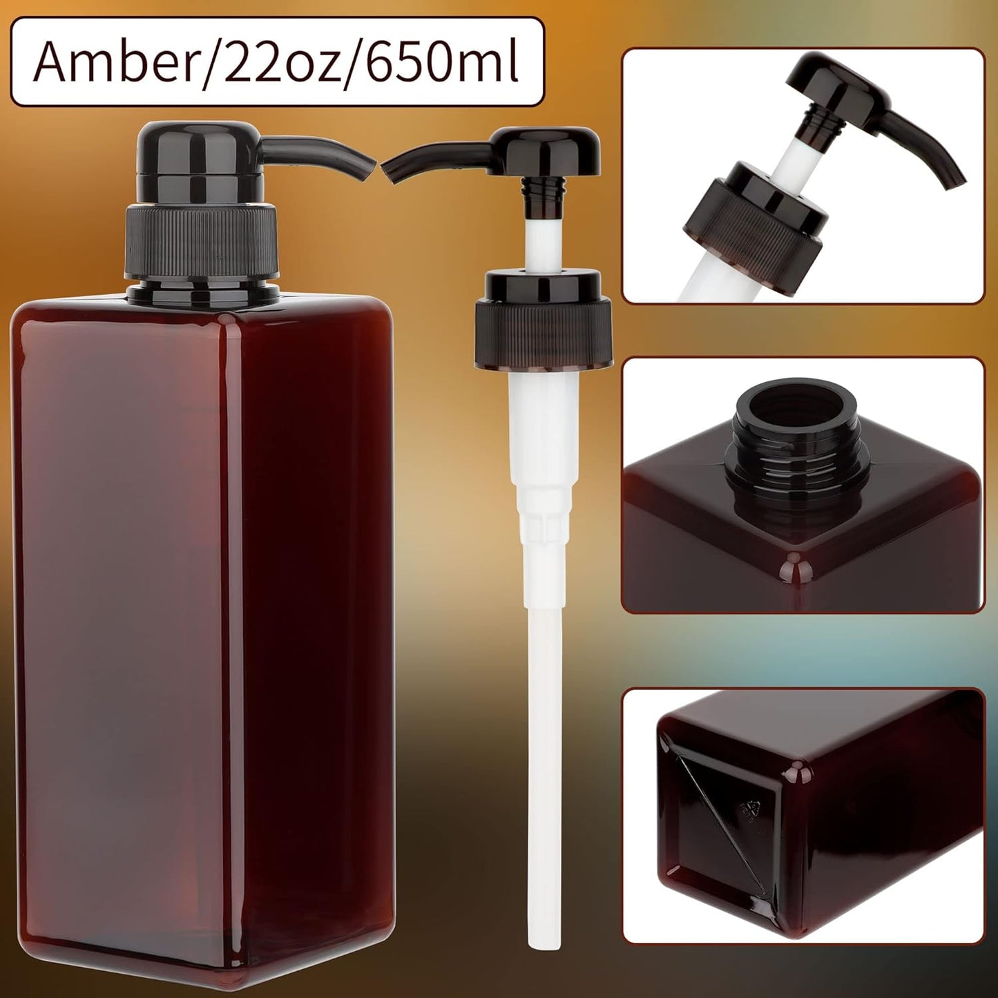 Pump Bottle Dispenser 22oz/650ml Jansburg 2Pack Refillable Square Plastic Lotion Dispenser Empty Lotion Pump Bottle for Essential Oil Lotion, Shampoo, Bathroom Travel Amber