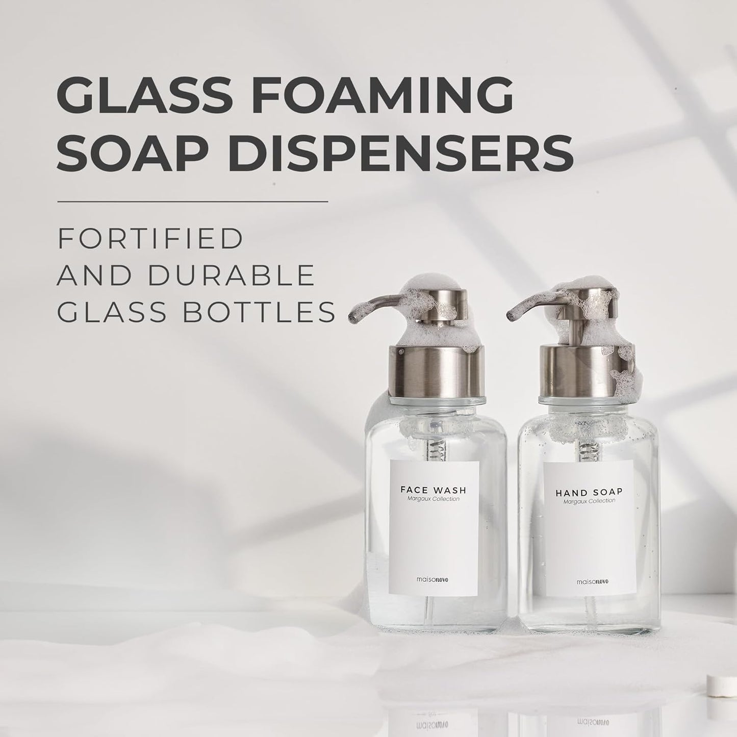 MaisoNovo Glass Foaming Soap Dispenser 14 Oz | Clear Glass Silver Pumps x 2