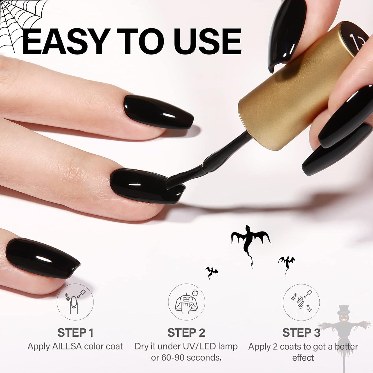 AILLSA Black Gel Nail Polish Coal Color Gel Polish Long Lasting Pure Dark Opaque Nail Polish High Glossy Soak Off U V Gels Nails Ink Black Gels Polish for Nail Art & Home Salon 0.51 Fl Oz