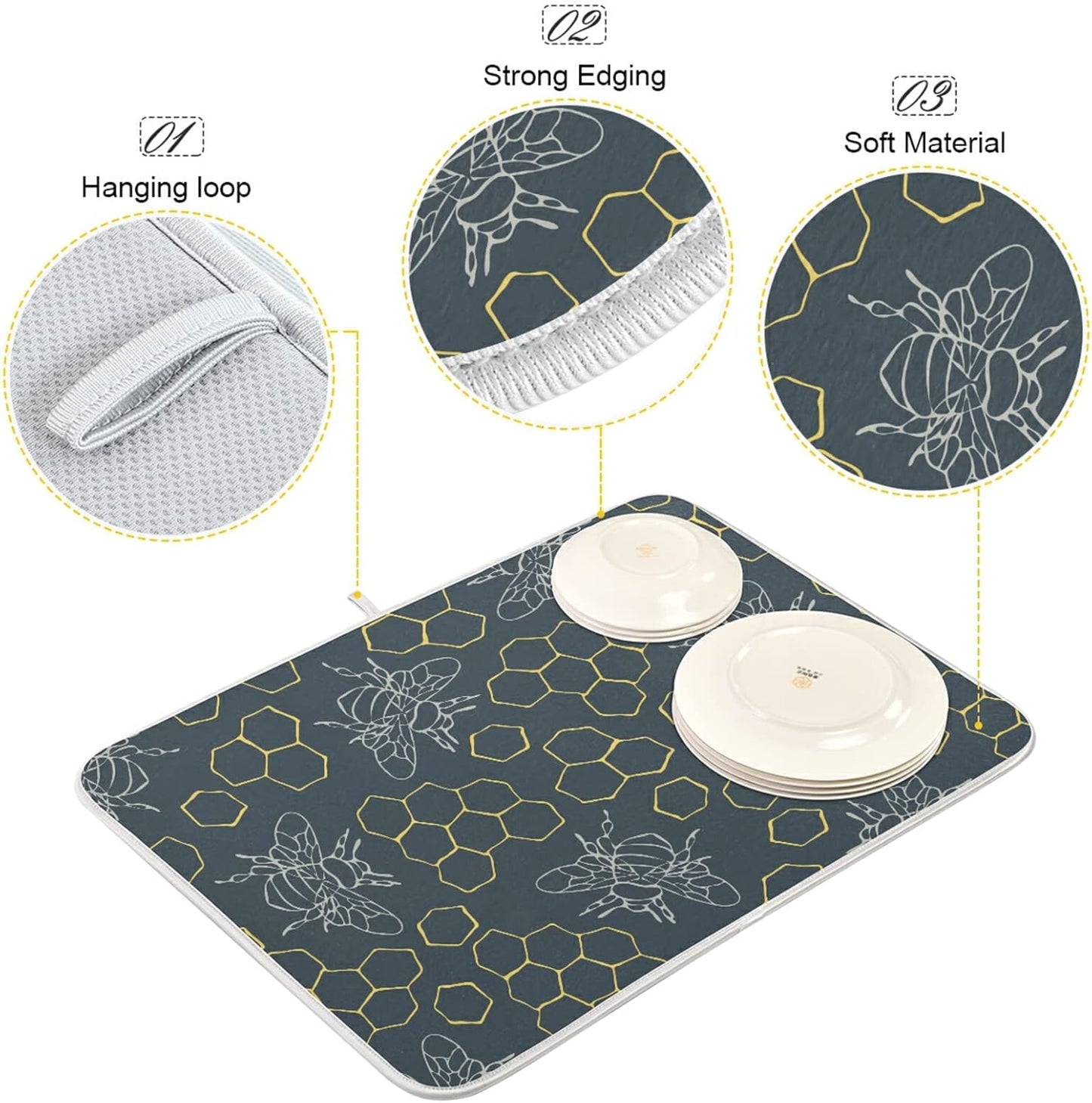 Dish Drying Mat for Kitchen Counter Bees Golden Hive Absorbent Microfiber Drying Pad Dish Drainer Mat 18 x 16 Inch Reversible Bottles Dish Dry Pad