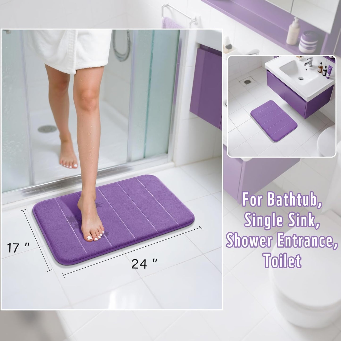 Yimobra Memory Foam Bath Mat, Super Soft Absorbent Bathroom Rug Non Slip 24x17 Inch, Quick Dry, Machine Washable Floor Carpet for Tub Shower, Home Decor Accessories, Lavender
