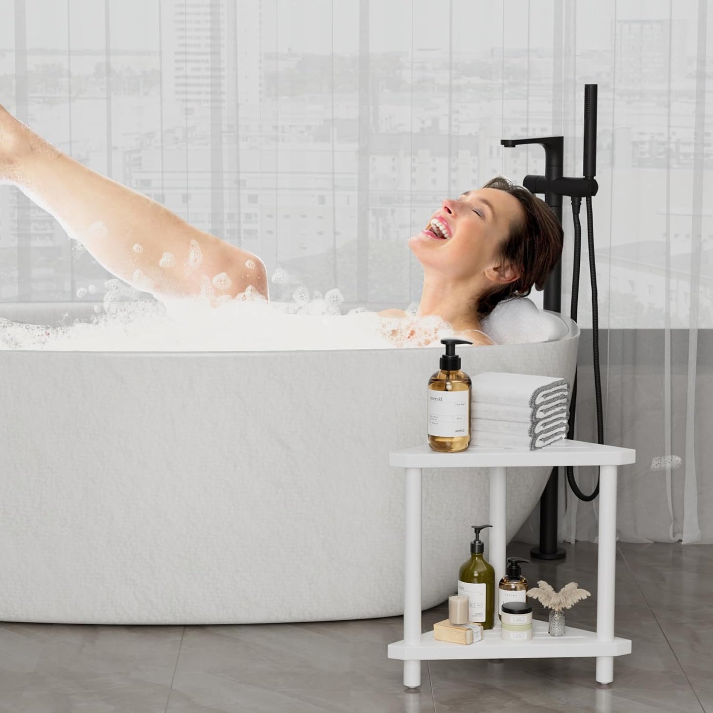 Bamboo Corner Shower Stool for Shaving Legs, 2-Tier Shower Stool for Inside Shower, Shower Foot Stool with Storage Shelf(White)