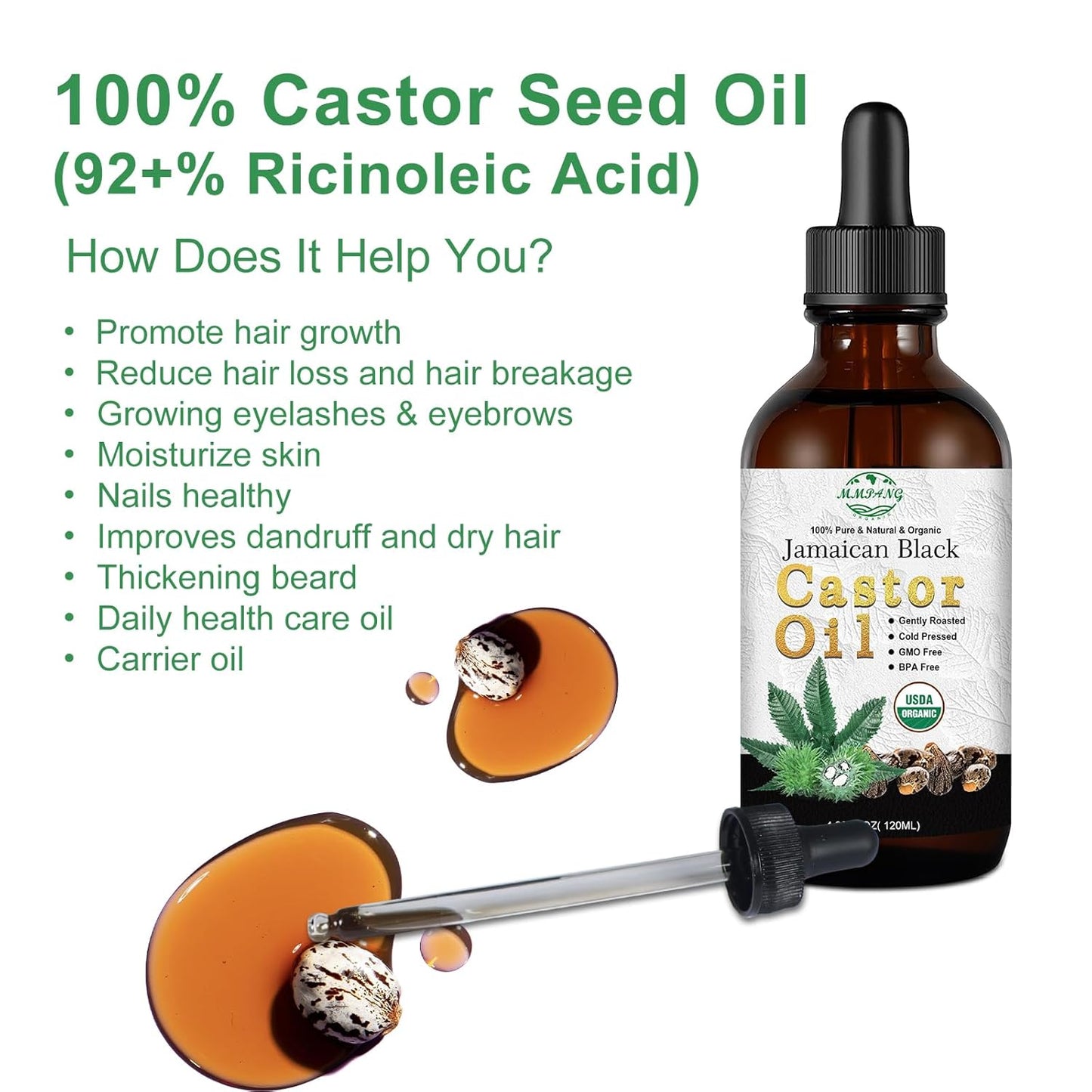 Jamaican Black Castor Oil - USDA Certified Organic Cold Pressed Hexane Free Unrefined, Natural Hair Oil For Treatment Scalp, Growth Hair Eyelashes Eyebrows (4oz/120ml Glass Bottle)