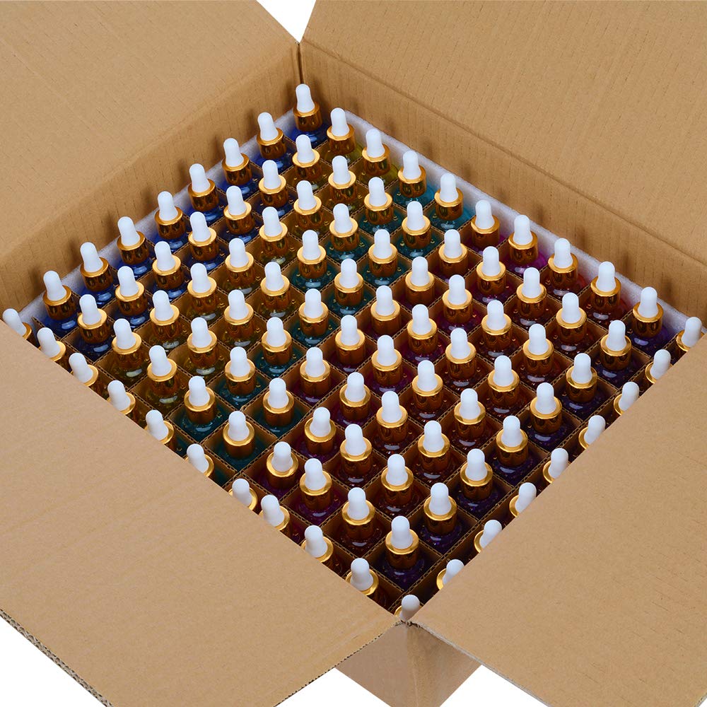 PrettyCare Glass Eye Dropper Bottles 99 Pack, 1oz (30ml) Rainbow Empty Thick Bottles Bulk with Leakproof Golden Caps - With Labels & Funnels for Storage, Travel, Essential Oils, Cuticle, Tinctures