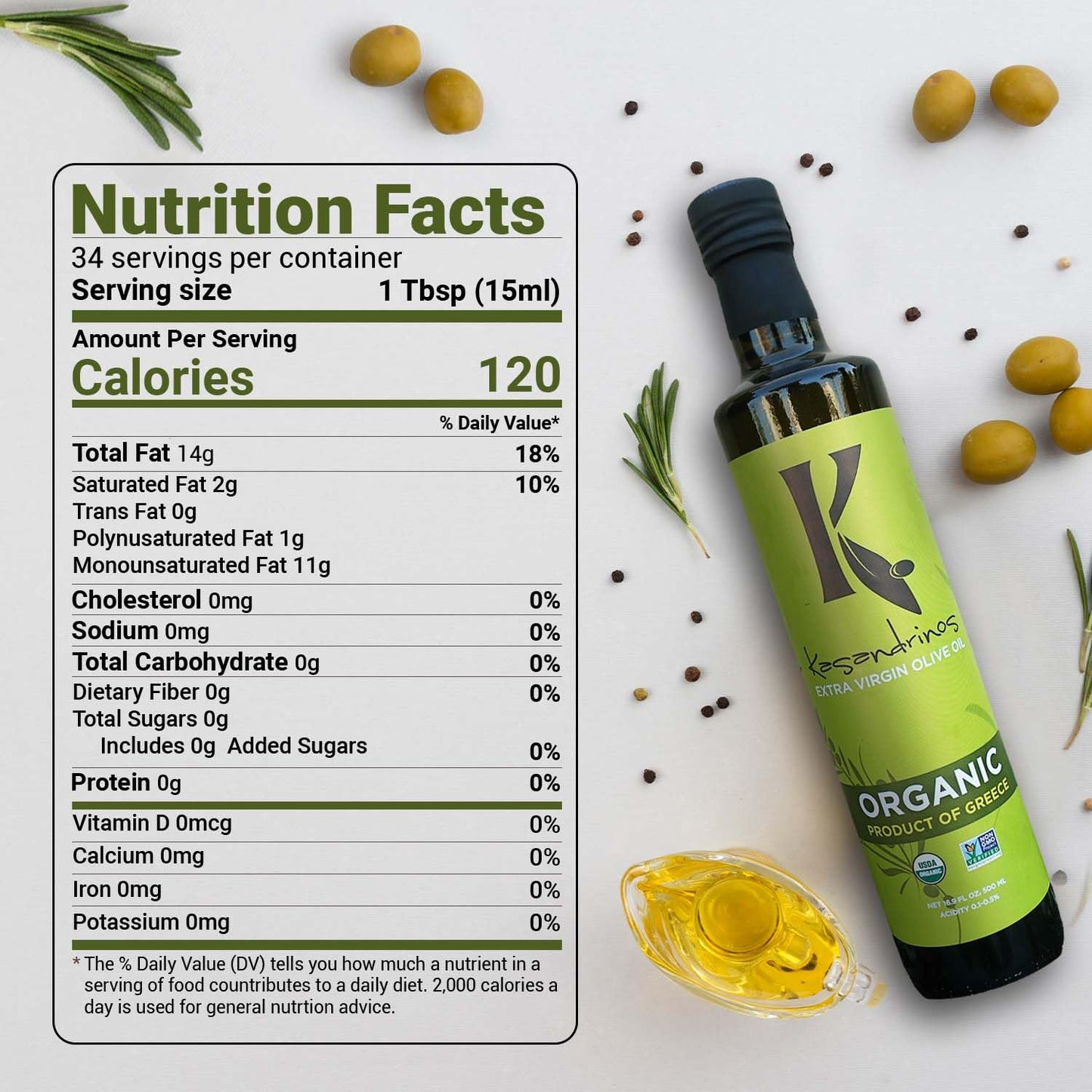 Kasandrinos Organic Olive Oil Extra Virgin, Polyphenol Rich Greek Olive Oil, 100% Organic First Cold Pressed, Mild + Delicate Flavor, Verified by Non GMO, 500 ml / 16.9 oz (Pack of 4)