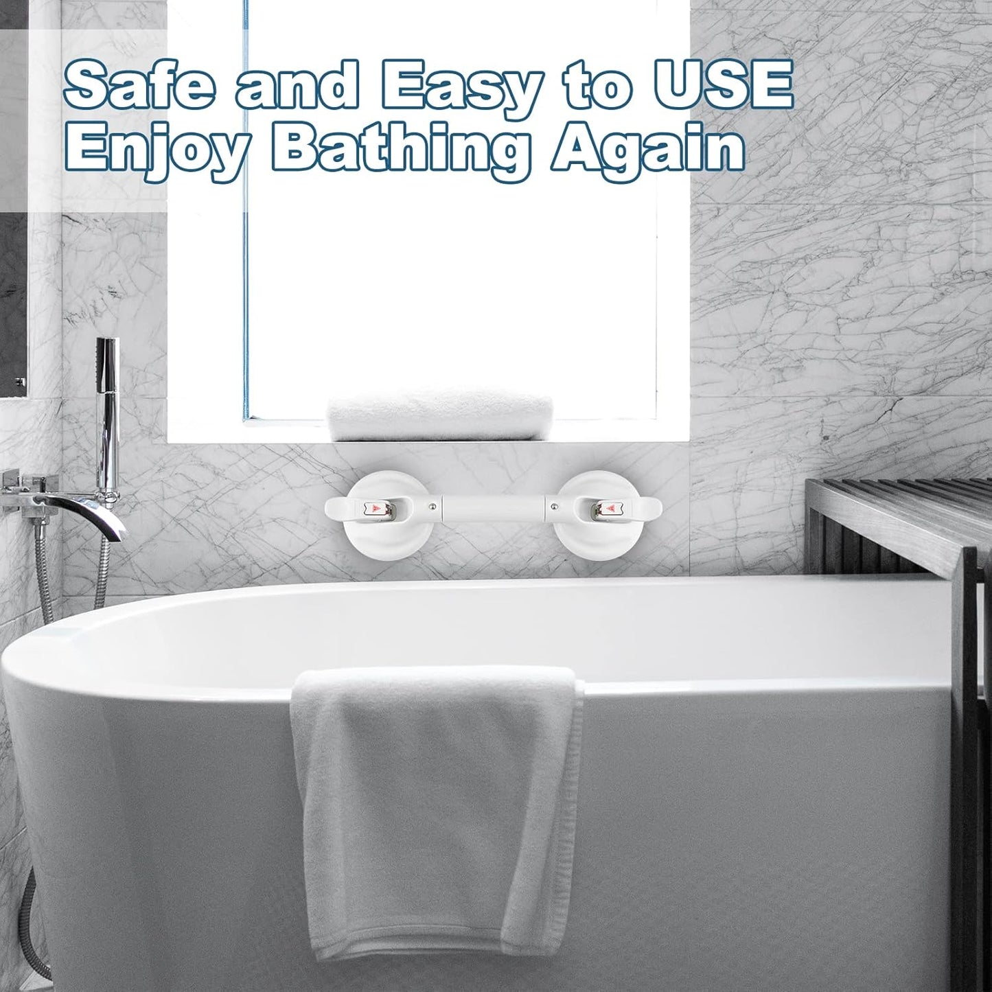 Shower Handle Upgraded 15 inch Grab Bar for Bathtub,Shower Handles with Strong Suction Cup,Bathroom Safety Grab Bar for Handicap Elderly Seniors and Disabled,White