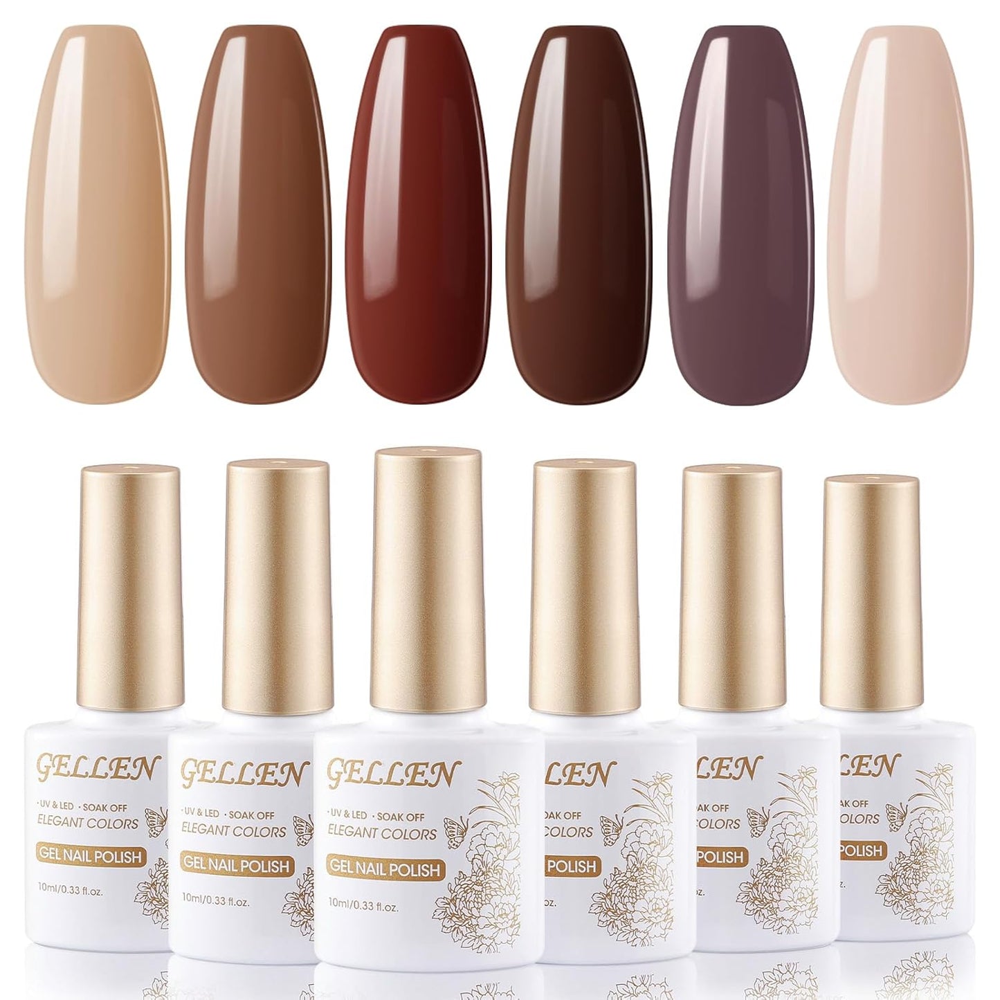 Gellen Chocolate Brown Gel Nail Polish Set, 6 Colors Coffee Brown, Milky White, Beige - 10ml UV Gel Polish Kit, No Wipe Soak Off Glossy Finish