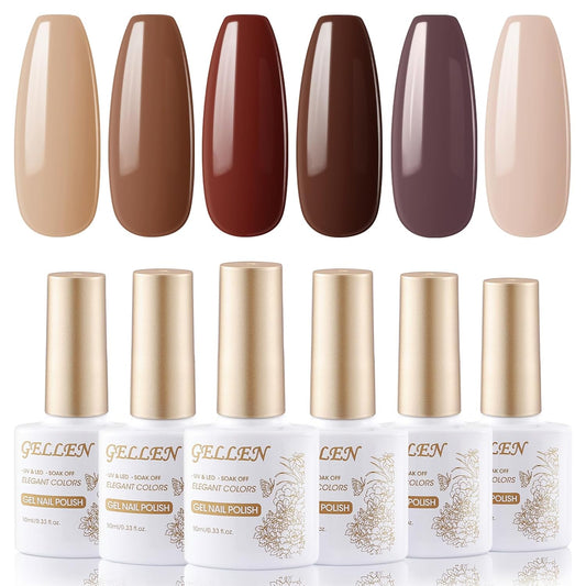 Gellen Chocolate Brown Gel Nail Polish Set, 6 Colors Coffee Brown, Milky White, Beige - 10ml UV Gel Polish Kit, No Wipe Soak Off Glossy Finish