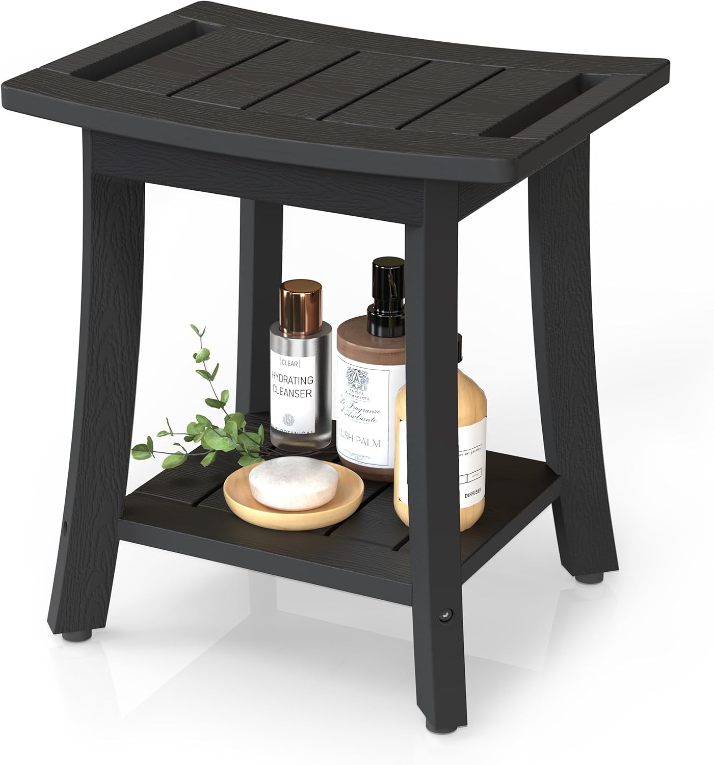 HIPS Shower Benches for Inside Shower, Waterproof Shower Stool with Storage Shelf & Adjustable Feet, SPA Bathroom Seat Chair for Shaving Legs, Indoor or Outdoor Use, Black