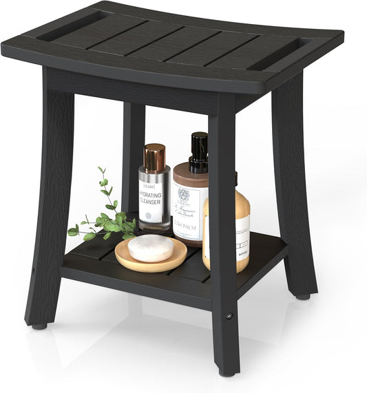 HIPS Shower Benches for Inside Shower, Waterproof Shower Stool with Storage Shelf & Adjustable Feet, SPA Bathroom Seat Chair for Shaving Legs, Indoor or Outdoor Use, Black