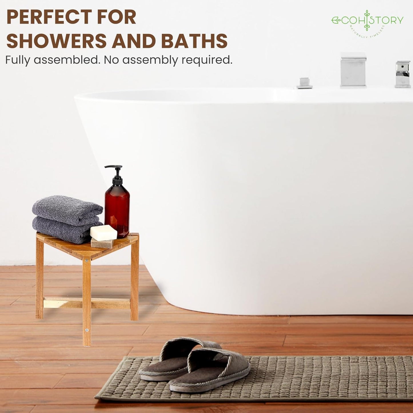 Eco History Shower Stool for Shaving Legs – 12 Inch Natural Acacia Shower Wooden Stool – Corner Foot Rest with Non-Slip Rubber Feet – Bench Seat Bathroom Organizer – Folding Design