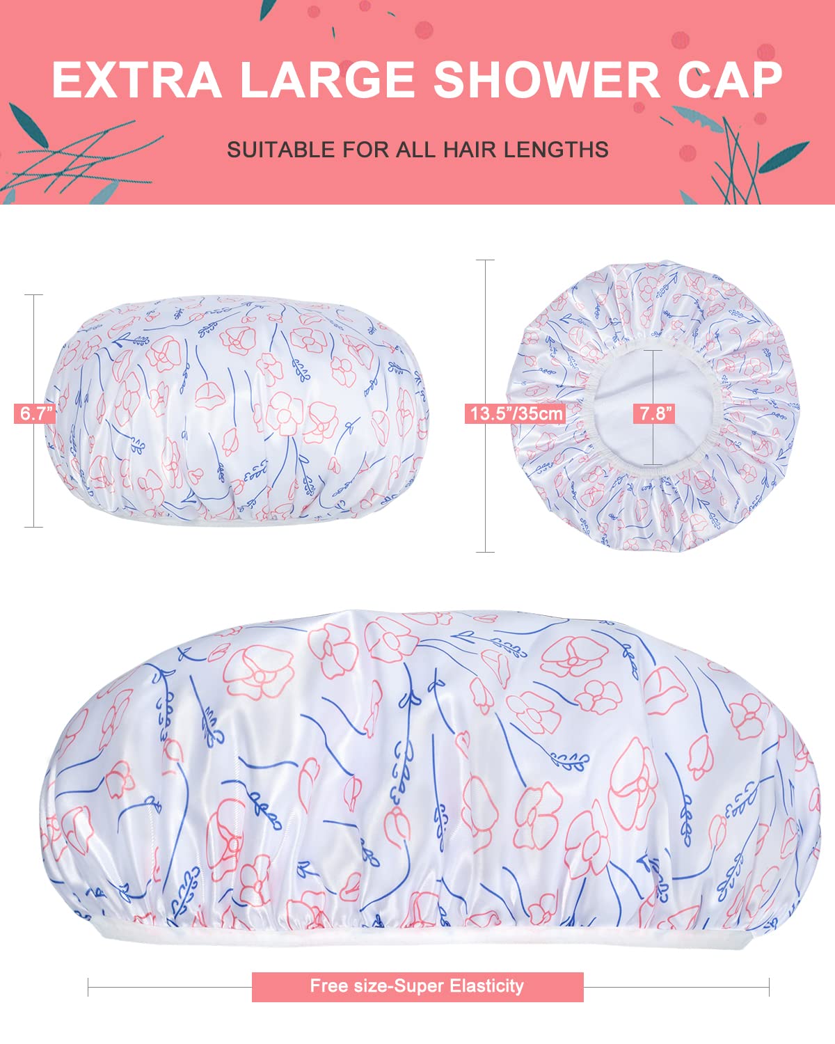 Shower Cap, Triple Layer Large Shower Cap for Women, Terry Cloth Lined Reusable Shower Caps for Long Thick Hair(Line Flower)