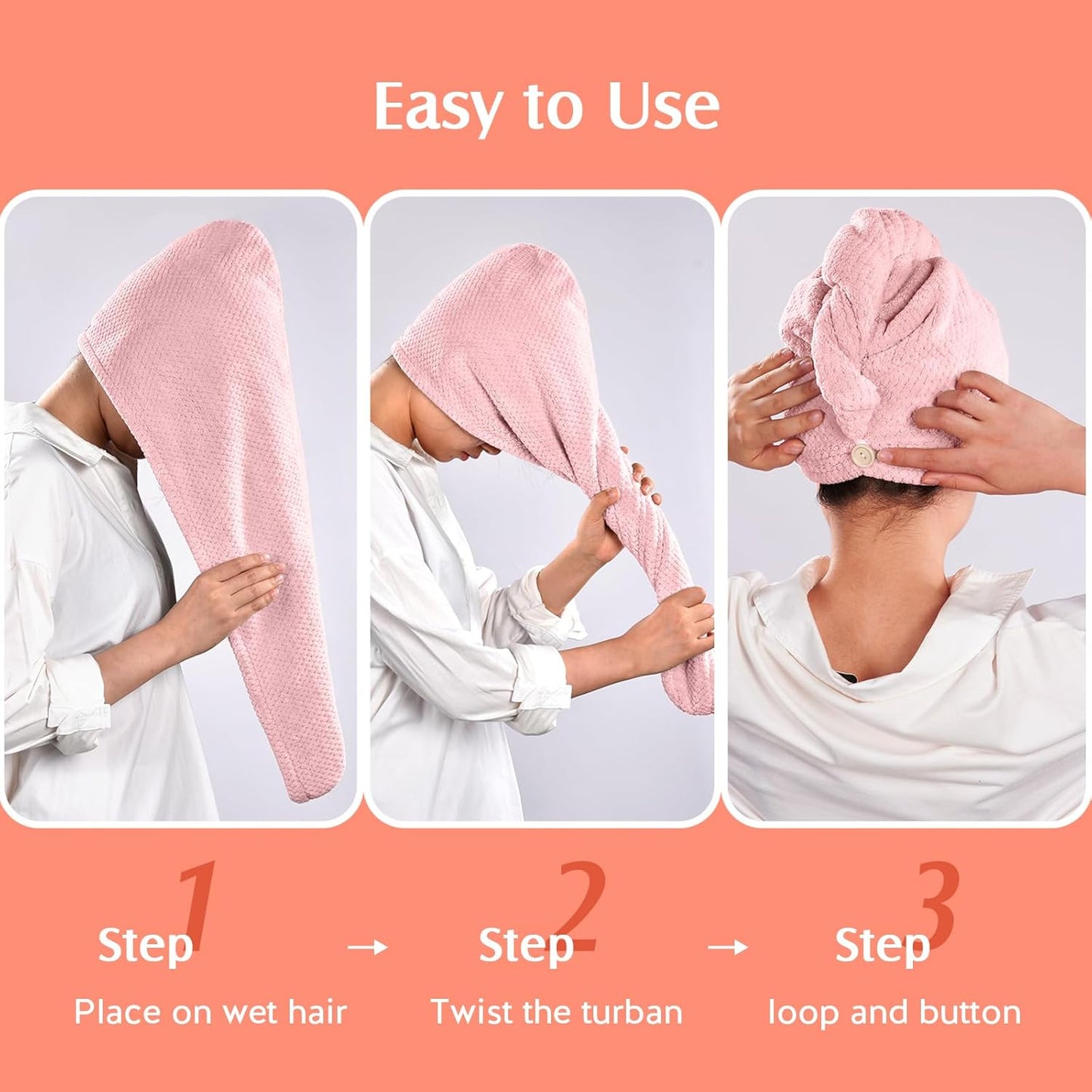YFONG 2 Pack Large Microfiber Hair Towel Wrap, Super Absorbent Quick Dry Hair Turban, Anti Frizz Drying Towel with Button
